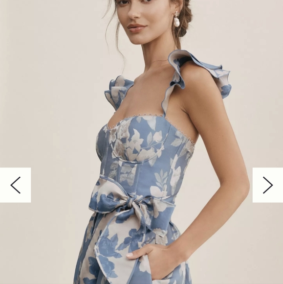 V. Chapman Anthropologie Vera Dress Blue Floral Corset Top Ruffle Strap Midi - Picture 2 of 12